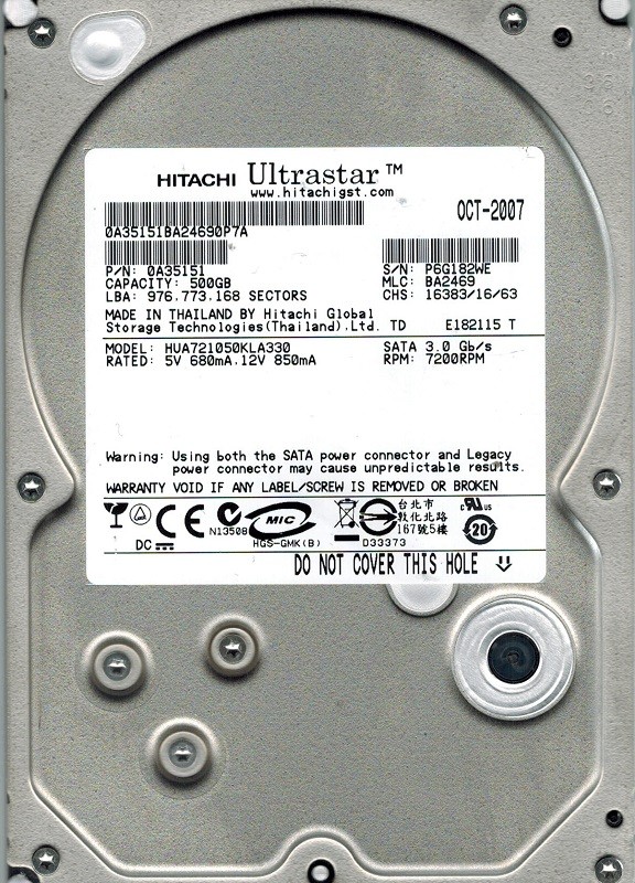 Hitachi HUA721050KLA330 P/N: 0A35151 MLC: BA2469 500GB