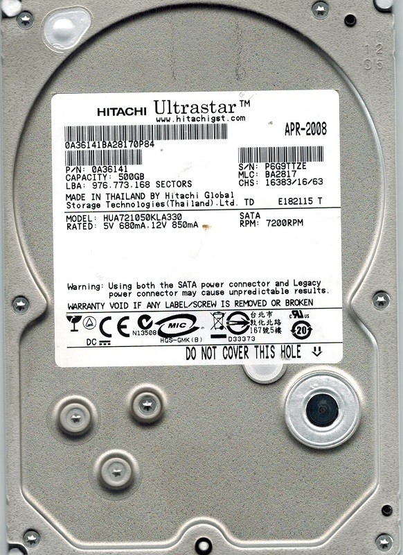 Hitachi HUA721050KLA330 P/N: 0A36141 MLC: BA2817 500GB