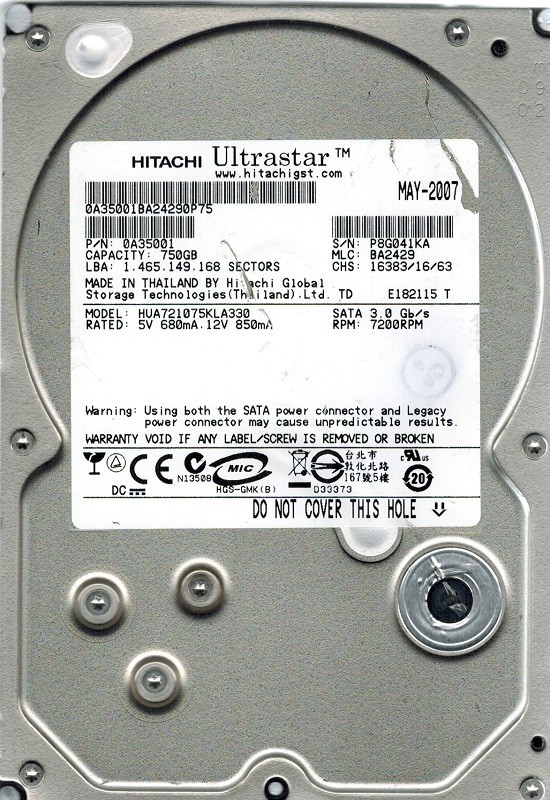 Hitachi HUA721075KLA330 P/N: 0A35001 MLC: BA2429 750GB