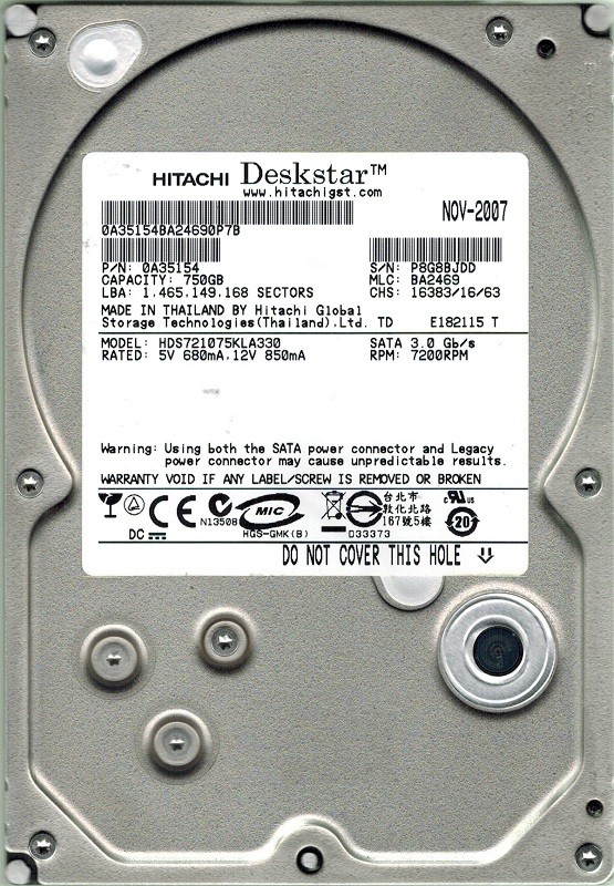 Hitachi HDS721075KLA330 750GB P/N: 0A35154 MLC: BA2469