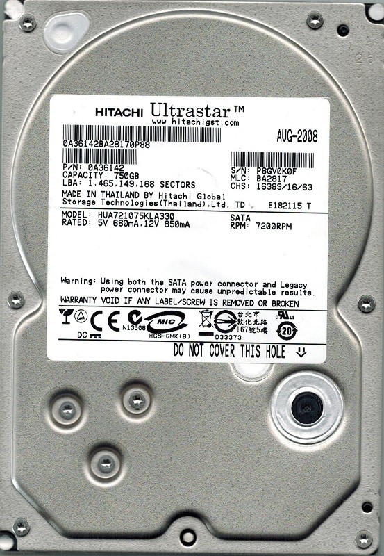 Hitachi HUA721075KLA330 P/N: 0A36142 MLC: BA2817 750GB