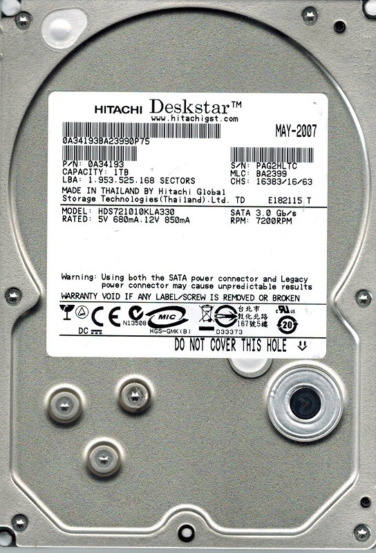 Hitachi HDS721010KLA330 MLC: BA2399 P/N: 0A34193 1TB