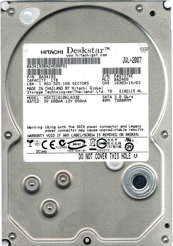 Hitachi HDS721010KLA330 P/N: 0A34193 MLC: BA2469 1TB