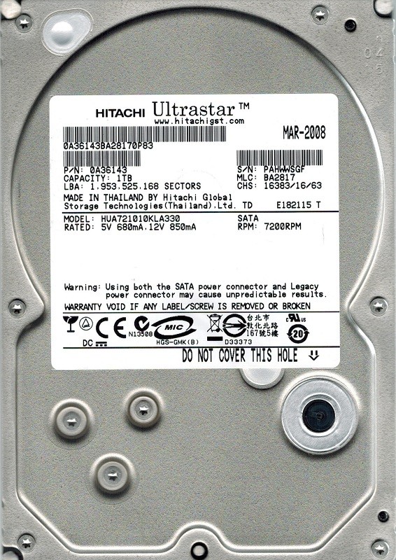 Hitachi HUA721010KLA330 P/N: 0A36143 MLC: BA2817 1TB