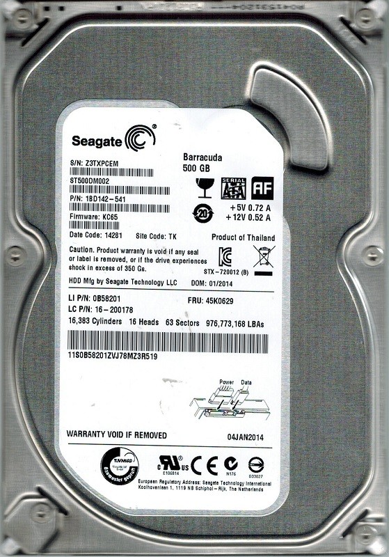 Seagate ST500DM002 P/N: 1BD142-541 F/W: KC65 500GB TK