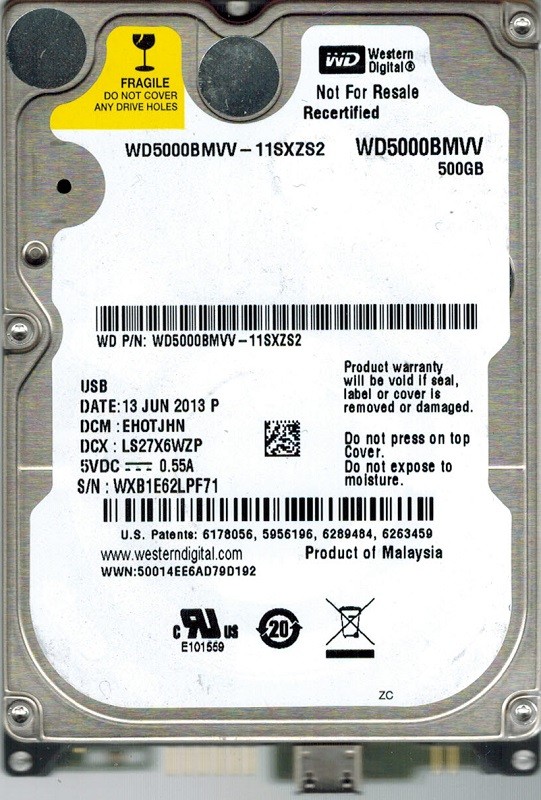 Western Digital WD5000BMVV-11SXZS2 500GB DCM: EHOTJHN WXB1E