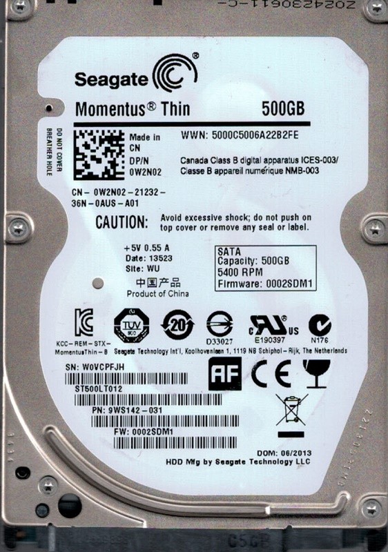 Seagate ST500LT012 P/N: 9WS142-031 F/W: 0002SDM1 WU 500GB