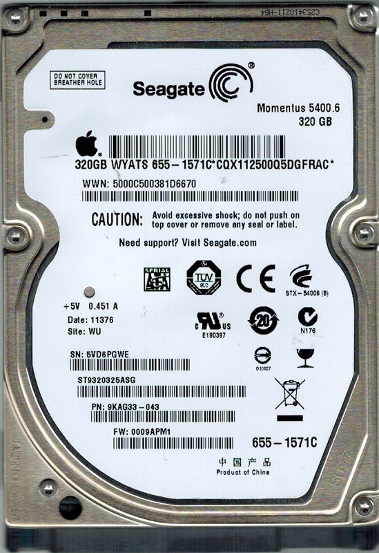 Seagate ST9320325ASG 320GB P/N: 9KAG33-043 F/W: 0009APM1 WU 655-1571C