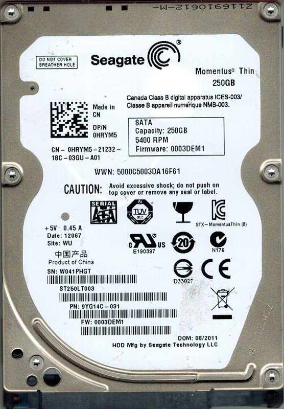 Seagate ST250LT003 P/N: 9YG14C-031 F/W: 0003DEM1 250GB WU