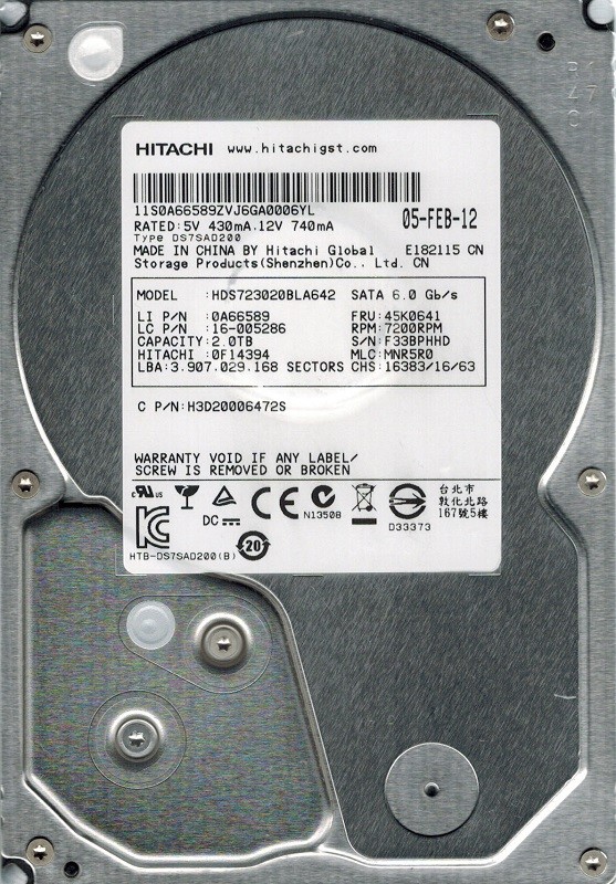 Hitachi HDS723020BLA642 P/N: 0F14394 MLC: MNR5R0 2TB