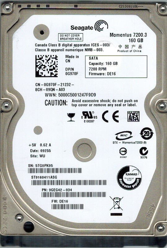 Seagate ST9160411ASG P/N: 9GEG42-034 F/W: DE16 160GB WU