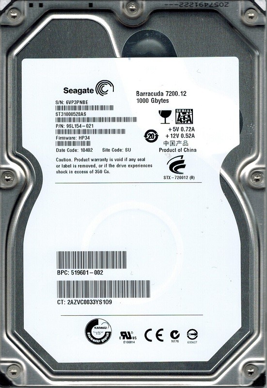Seagate ST31000528AS P/N: 9SL154-021 F/W: HP34 SU 1TB