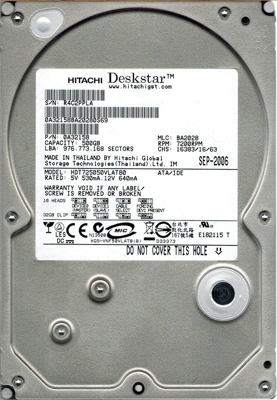 Hitachi HDT725050VLAT80 P/N: 0A32158 MLC: BA2028 500GB IDE