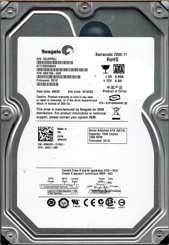 ST31000340AS Seagate P/N: 9BX158-033 F/W: DE12 WUXISG 1TB