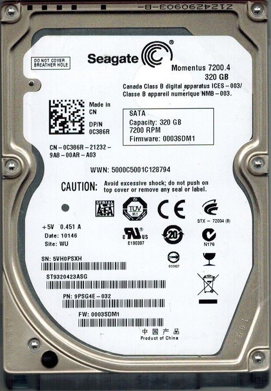 Seagate ST9320423ASG 320GB P/N: 9PSG4E-032 F/W: 0003SDM1 WU