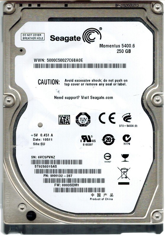 Seagate ST9250315AS 250GB P/N: 9HH132-287 F/W: 0003SDM1 SU