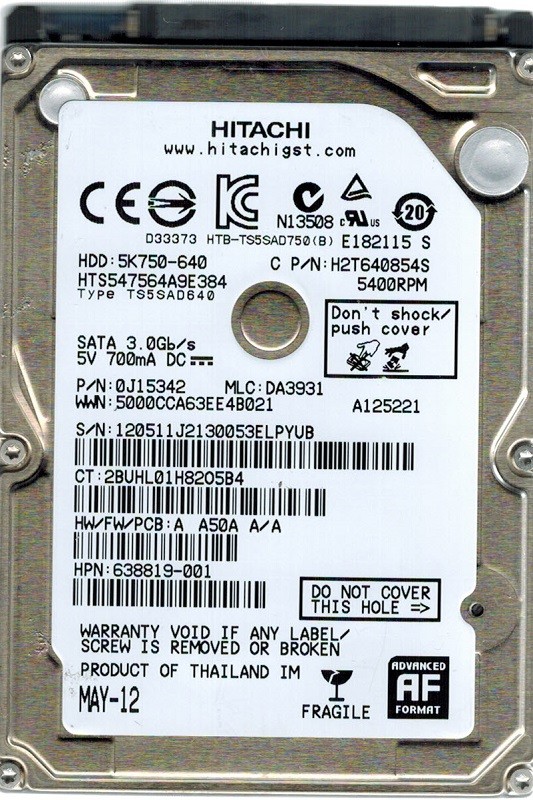 Hitachi HTS547564A9E384 P/N: 0J15342 MLC: DA3931 640GB