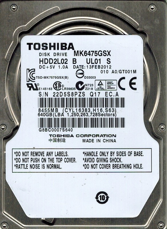 Toshiba MK6475GSX HDD2L02 B UL01 S CHINA 640GB A0/GT001M