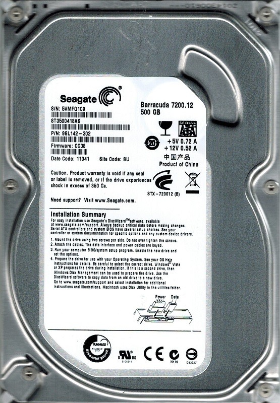 Seagate ST3500418AS P/N: 9SL142-302 F/W: CC38 SU 500GB