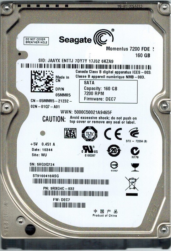 Seagate ST9160418ASG P/N: 9RXG4C-032 F/W: DEC7 WU 160GB