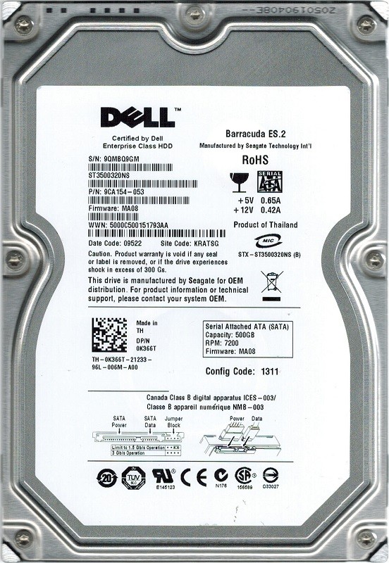 Seagate ST3500320NS P/N: 9CA154-053 F/W: MA08 500GB KRATSG