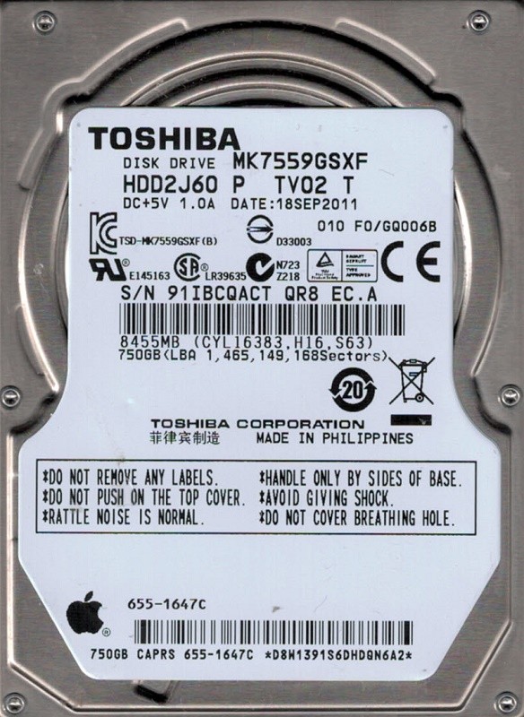 Toshiba MK7559GSXF MAC 655-1647C HDD2J60 P TV02 T F/W: F0/GQ006B