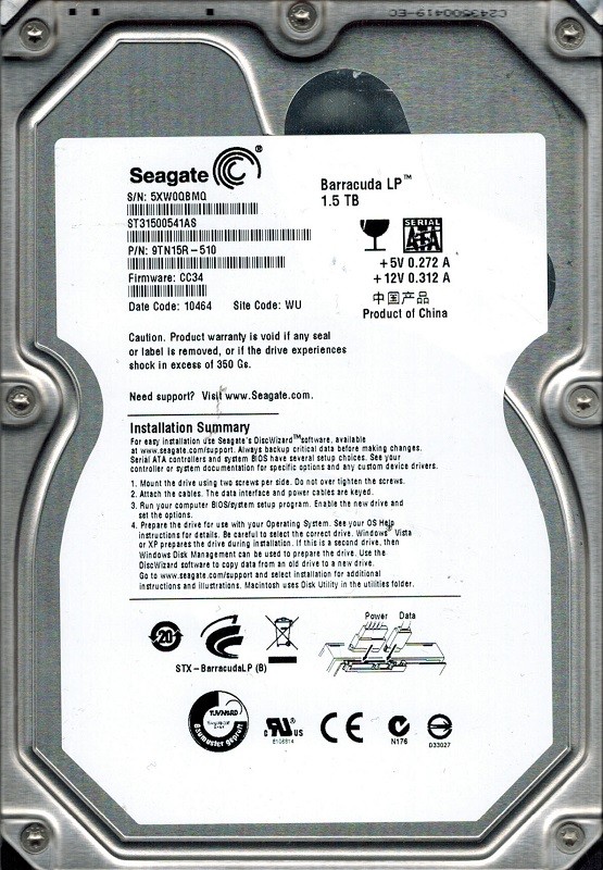 Seagate ST31500541AS P/N: 9TN15R-510 F/W: CC34 1.5TB WU 5XW