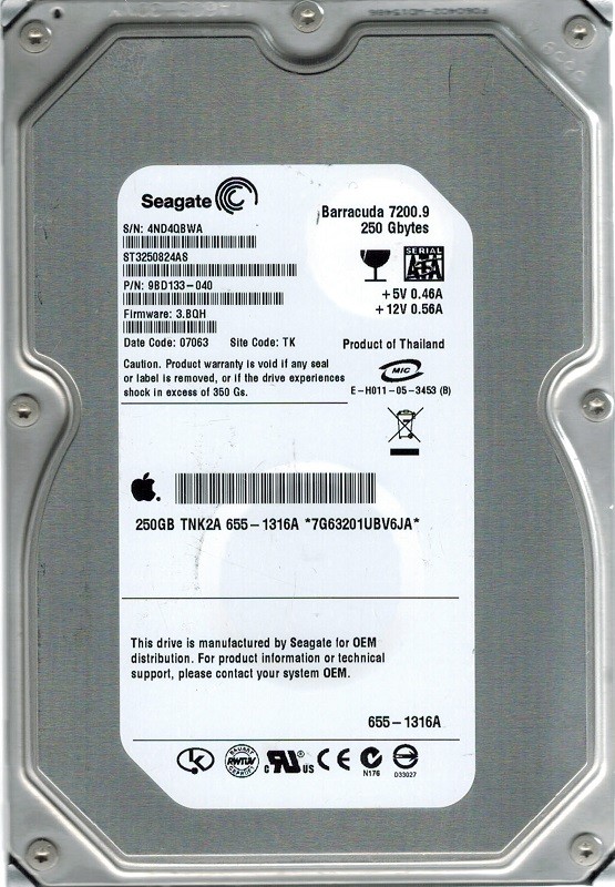 Seagate ST3250824AS P/N: 9BD133-040 F/W: 3.BQH MAC 655-1316A 250GB TK
