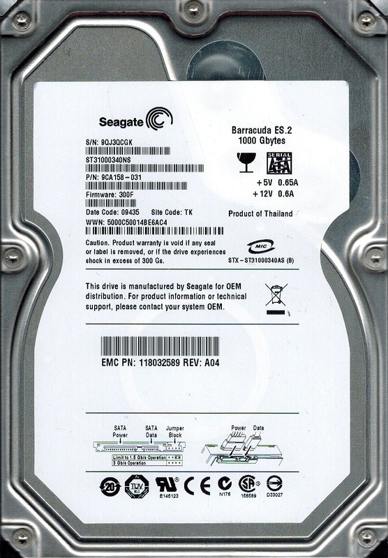 Seagate ST31000340NS P/N: 9CA158-031 F/W: 300F 1TB TK