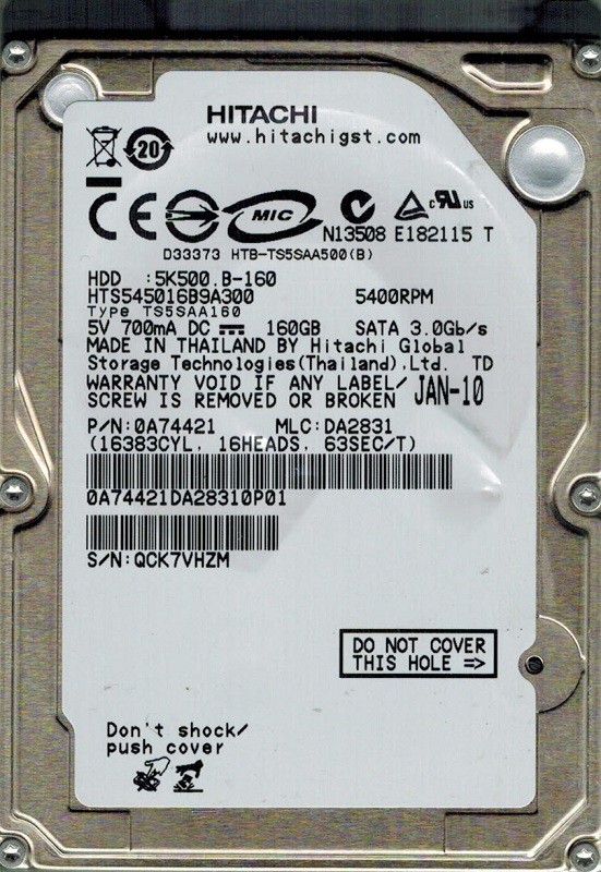 Hitachi HTS545016B9A300 160GB P/N: 0A74421 MLC: DA2831