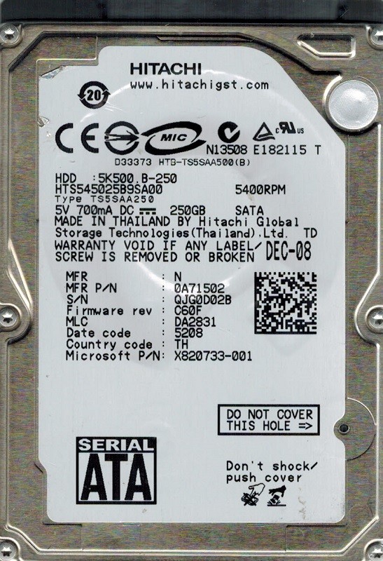Hitachi HTS545025B9SA00 P/N: 0A71502 MLC: DA2831 250GB
