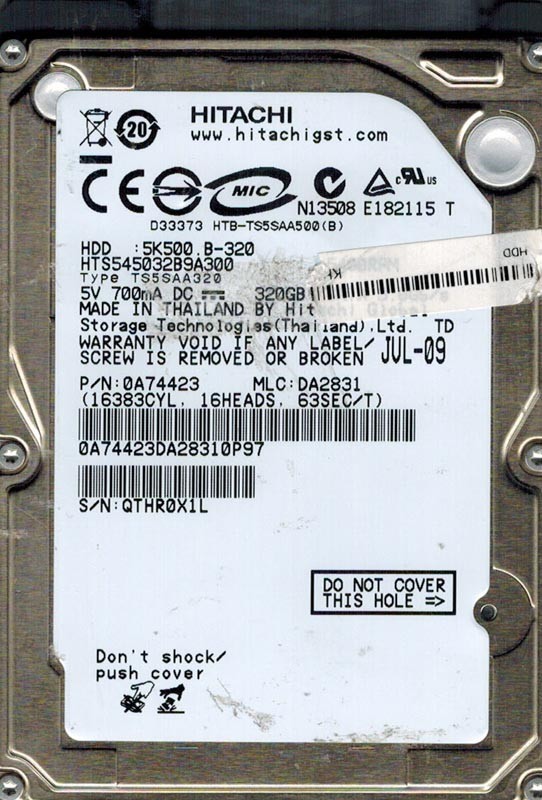 Hitachi HTS545032B9A300 320GB P/N: 0A74423 MLC: DA2831