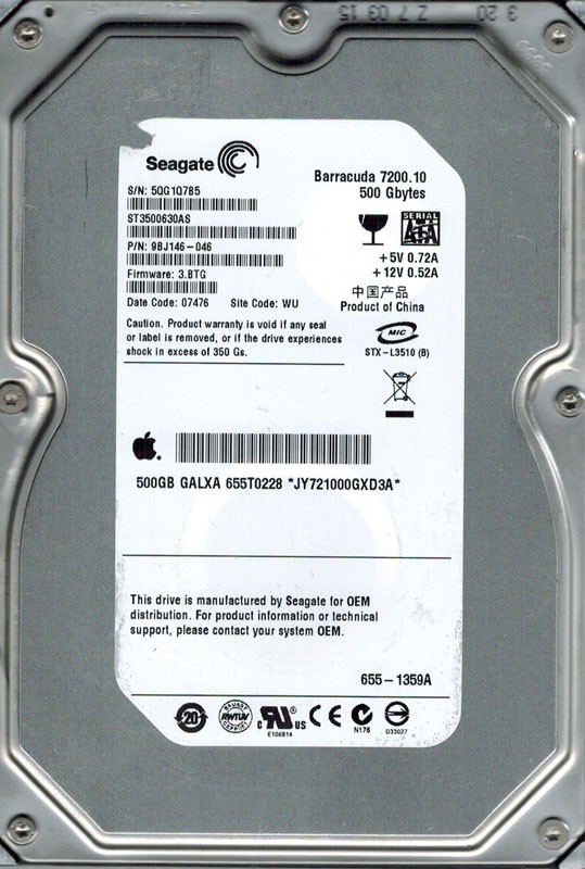 Seagate ST3500630AS P/N: 9BJ146-046 F/W: 3.BTG WU MAC 655-1359A