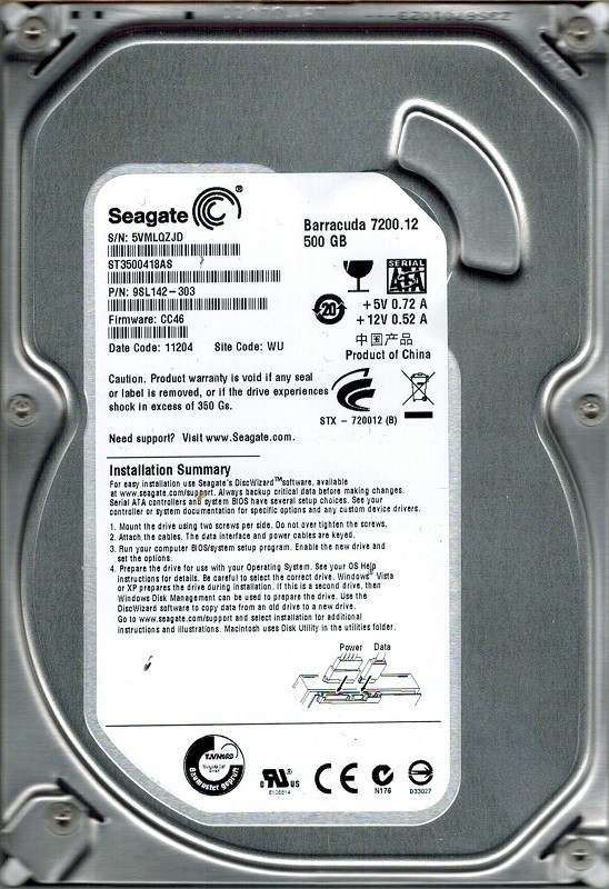Seagate ST3500418AS P/N: 9SL142-303 F/W: CC46 500GB WU