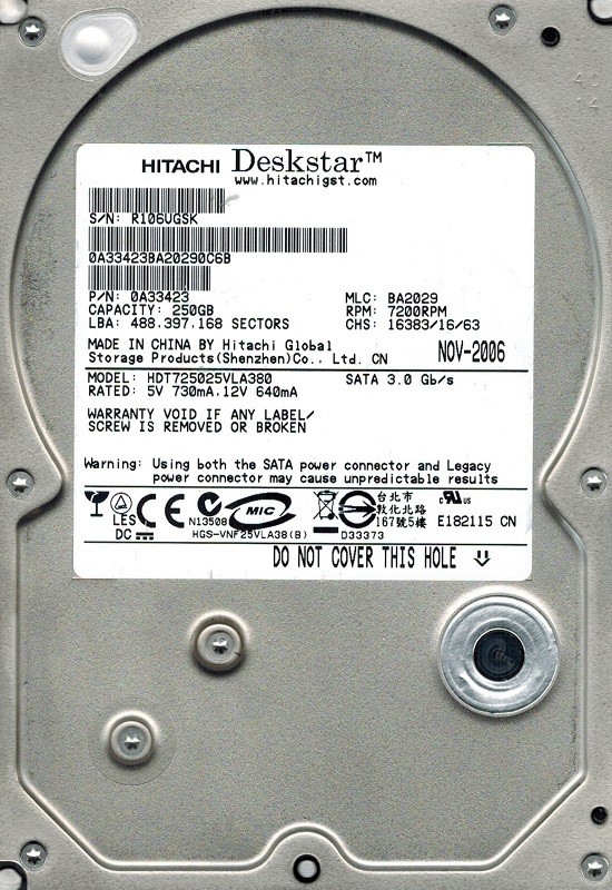 Hitachi HDT725025VLA380 MLC: BA2029 P/N: 0A33423 250GB