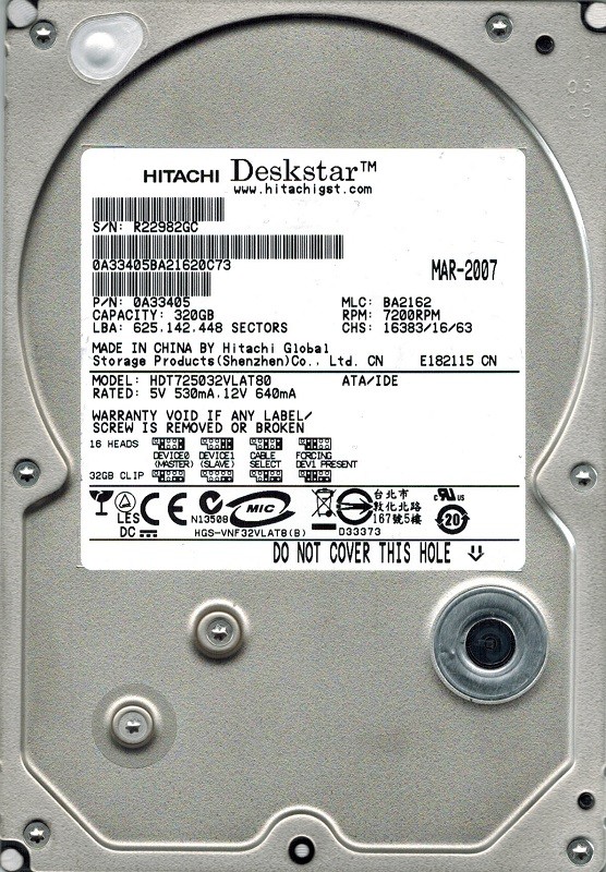Hitachi HDT725032VLAT80 P/N: 0A33405 MLC: BA2162 320GB