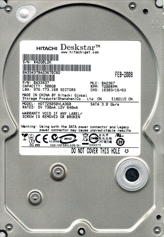 Hitachi HDT725050VLA360 500GB P/N: 0A33437 MLC: BA2367