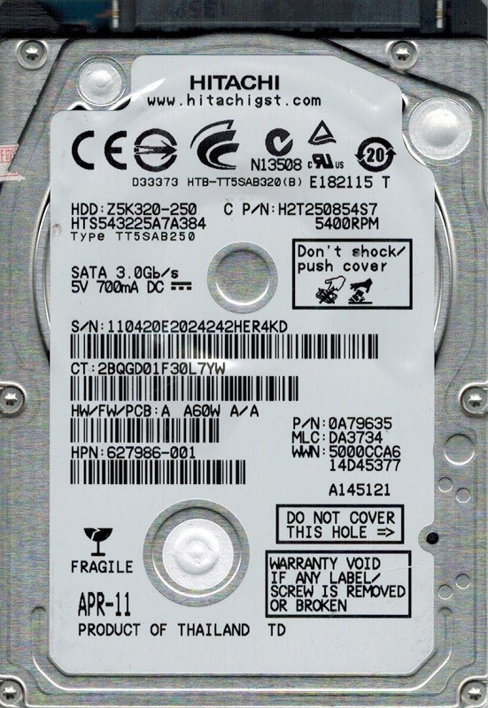Hitachi HTS543225A7A384 250GB P/N: 0A79635 MLC: DA3734