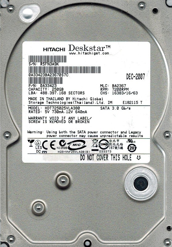 Hitachi HDT725025VLA380 MLC: BA2367 P/N: 0A33423 250GB