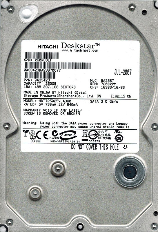 Hitachi HDT725025VLA380 P/N: 0A33423 MLC: BA2367 250GB