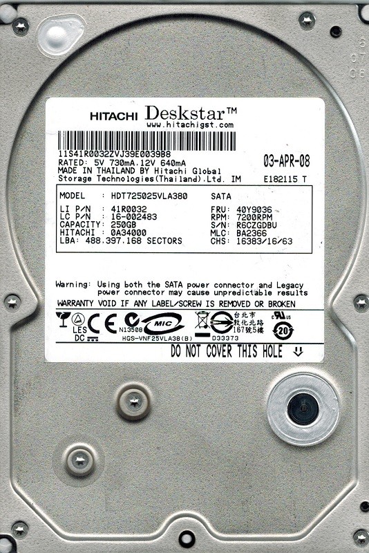 Hitachi HDT725025VLA380 P/N: 0A34000 MLC: BA2366 250GB