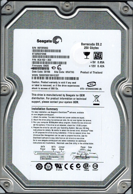 Seagate ST3250310NS P/N: 9CA152-303 F/W: SN06 KRATSG 250GB