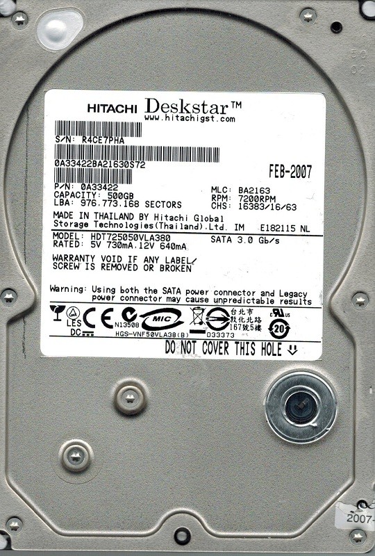 Hitachi HDT725050VLA380 P/N: 0A33422 MLC: BA2163 500GB