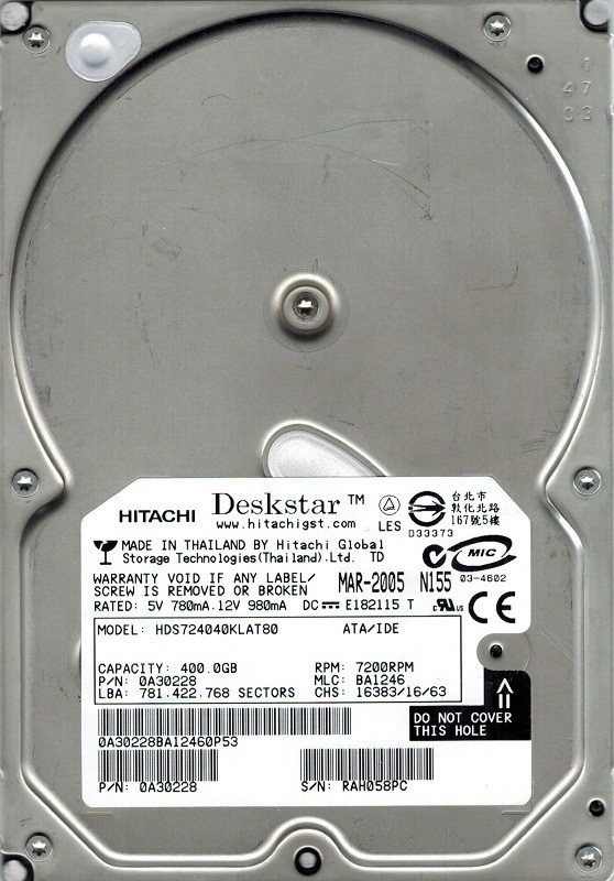 Hitachi HDS724040KLAT80 P/N: 0A30228 400GB MLC: BA1246