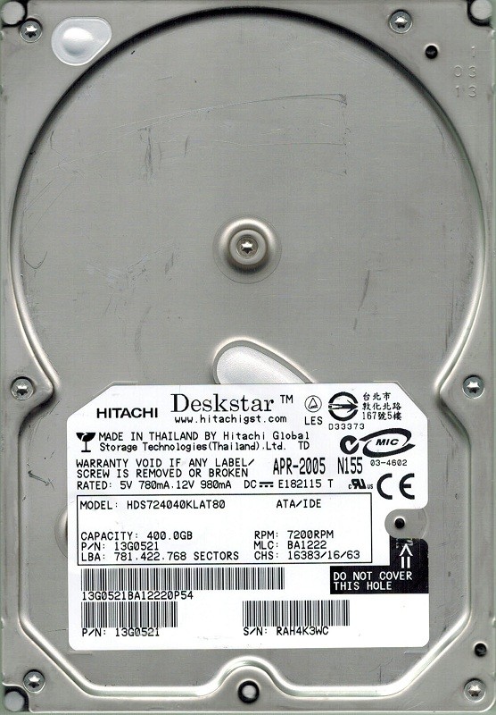 Hitachi HDS724040KLAT80 P/N: 13G0521 400GB MLC: BA1222