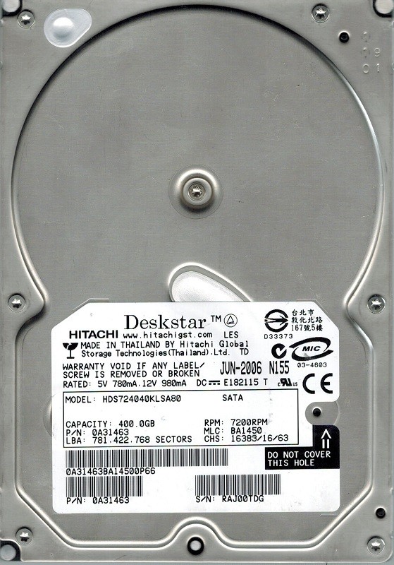 Hitachi HDS724040KLSA80 P/N: 0A31463 MLC: BA1450 400GB