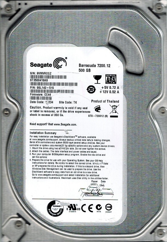 Seagate ST3500418AS P/N: 9SL142-515 F/W: CC44 500GB TK