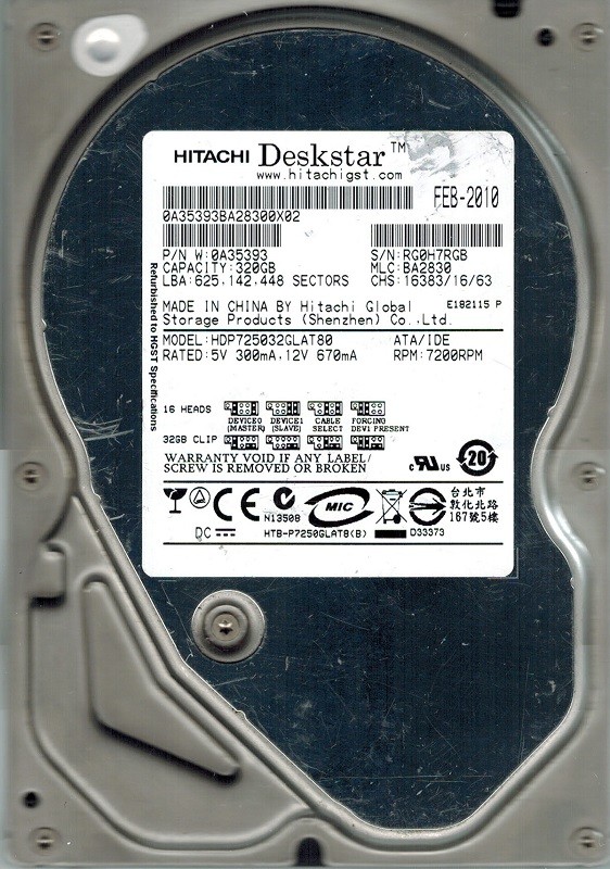 Hitachi HDP725032GLAT80 P/N: 0A35393 MLC: BA2830 320GB