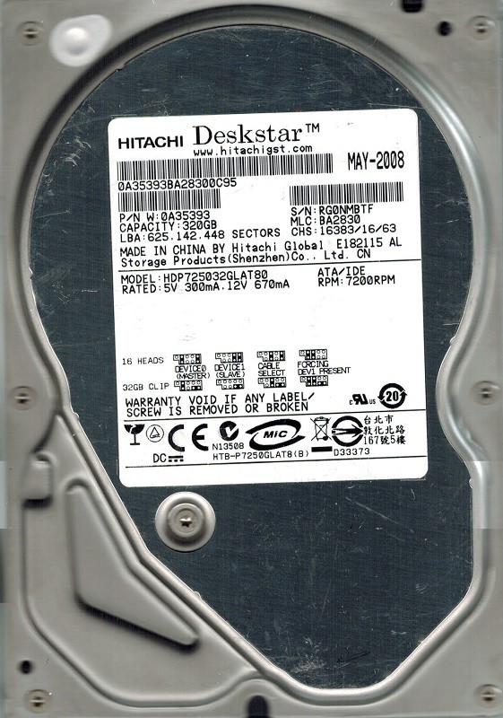 Hitachi HDP725032GLAT80 P/N: 0A35393 320GB MLC: BA2830