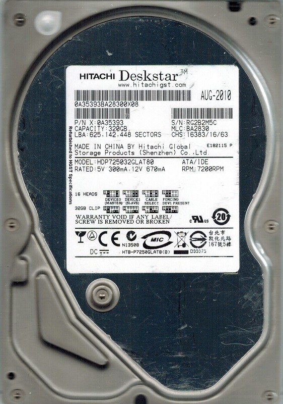 Hitachi HDP725032GLAT80 MLC: BA2830 P/N: 0A35393 320GB